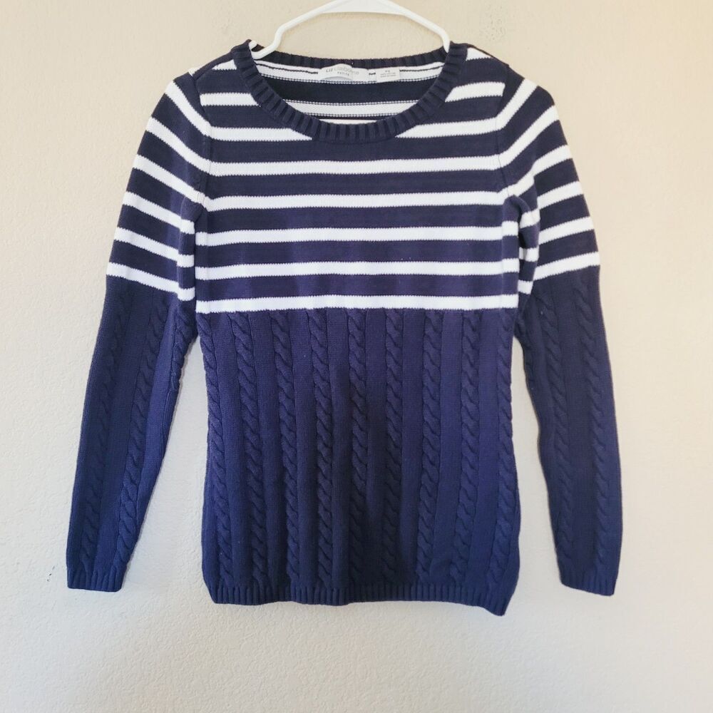 Womens Cable Knit Fisherman Sweater Size Small Blue 100% Cotton Crew Neck Stripe